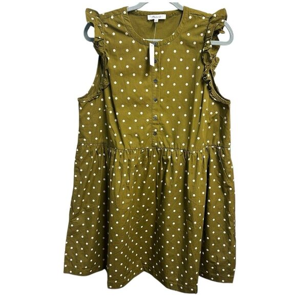 Madewell Dress Size 12 Ruffle Sleeve Button Front Mini Polka Dot Weathered Olive - Picture 1 of 10